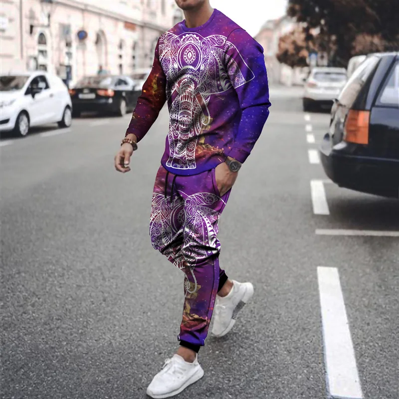 

Autumn Winter Men Round Neck Long Sleeve Matching Trousers With Same Color 3D Digital Print Pants Drawstr Animal Theme Man Top