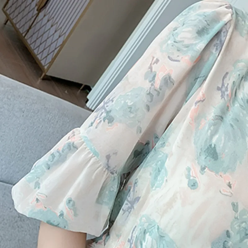 

Elegant Casual Print A Line Dresses Clothes For Women V Neck Puff Short Sleeve High Waist Ruffle Chiffon Dress Summer Vestidos