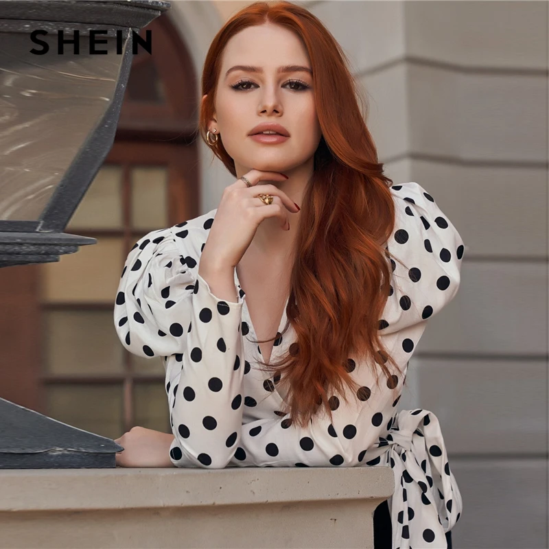 SHEIN x Madelaine белая блузка в горошек с длинными рукавами и бантом, Женская Осенняя блузка с v-образным вырезом, элегантные топы и блузки