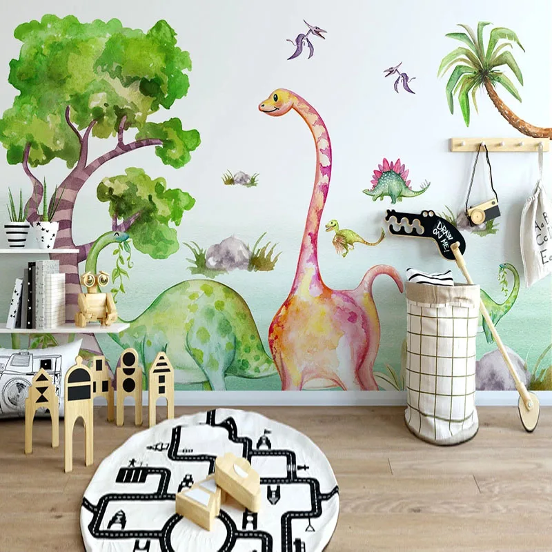 

Drop Shipping Custom Wallpaper 3D Hand-painted Cartoon Dinosaur Animal Tropical Tree Murals Children's Room Background Stickers