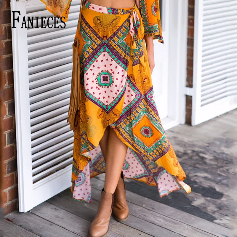 Летняя юбка FANIECES неправильной длины до щиколотки с богемным принтом свободная