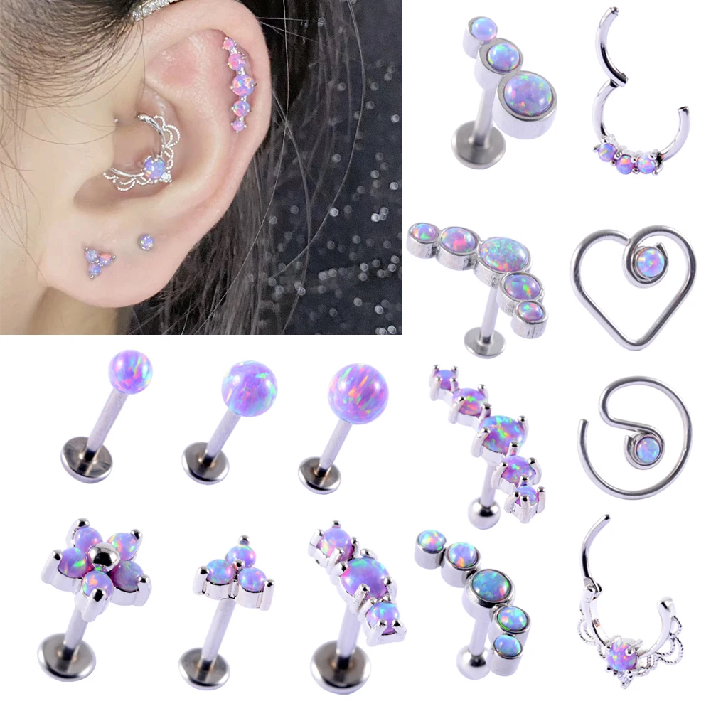 

14PCS Cluster Ear Tragus Helix Cartilage Piercing Surgical Steel Opal 38 Nose Ring Septum Clicker Daith Earring Labret Jewelry