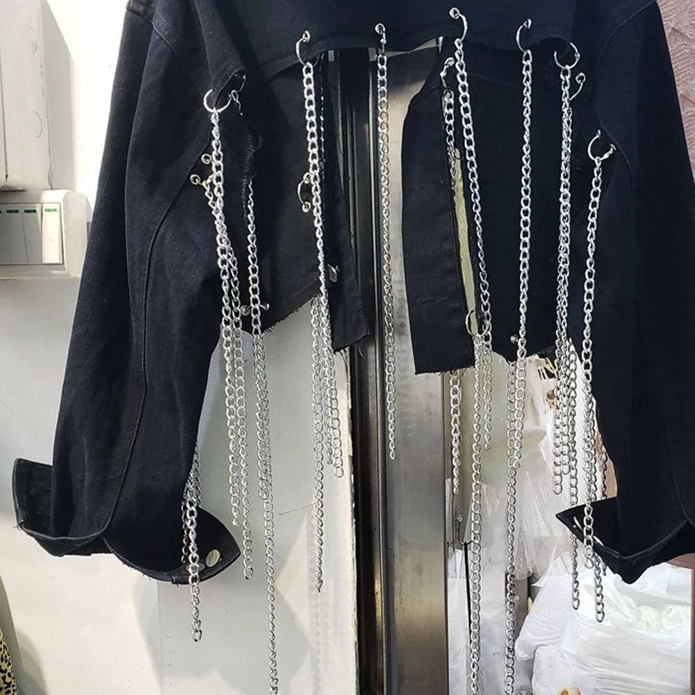 

Rosetic Punk Rock Women Jacket 2021 New Gothic Short Jackets Fashion Chain Tassel Design Loose Streetwear Casual Coat Outwear