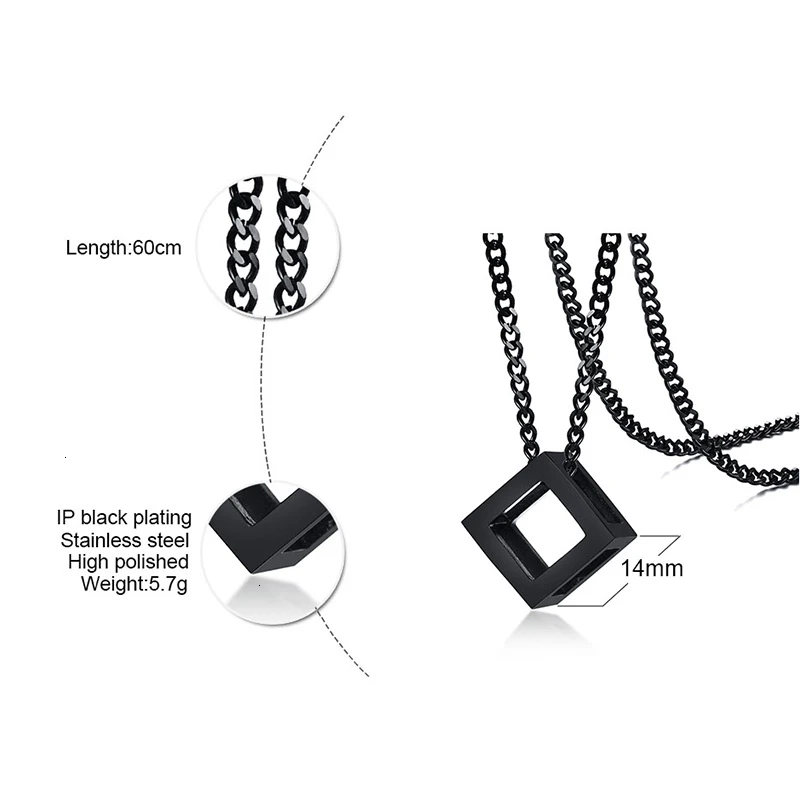 Men Rock Punk Cube Shaped Pendant Necklace 4 Colors Stainless Steel Casual Male Jewelry with 24&quot Curb Chain | Украшения и