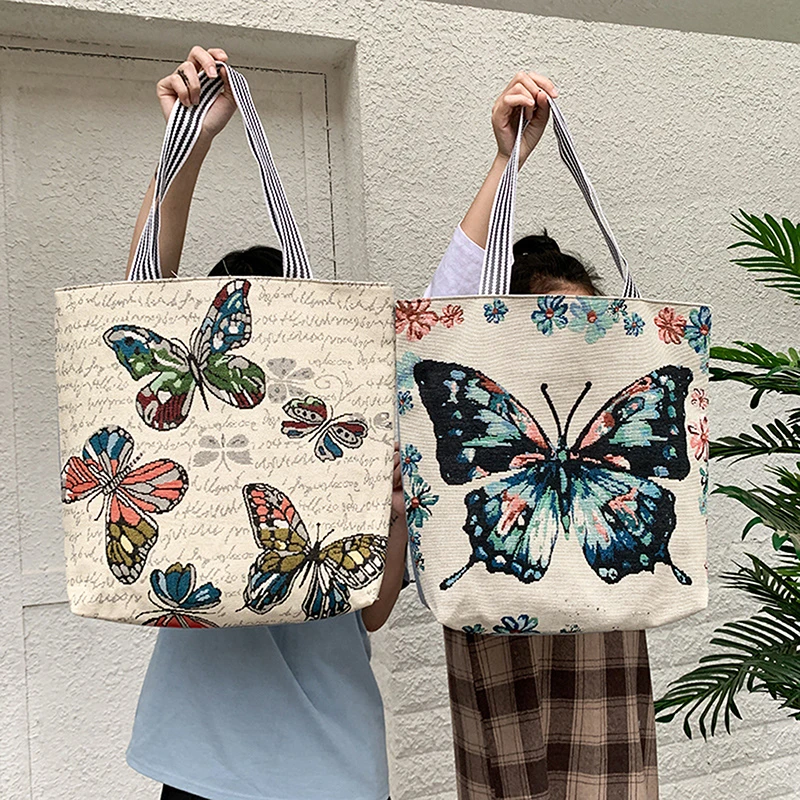 

Large Capacity Floral Printed Handbag Women Shoulder Bag Canvas Summer Beach Bag Daily Use Female Reusable Shopping Bag Lady
