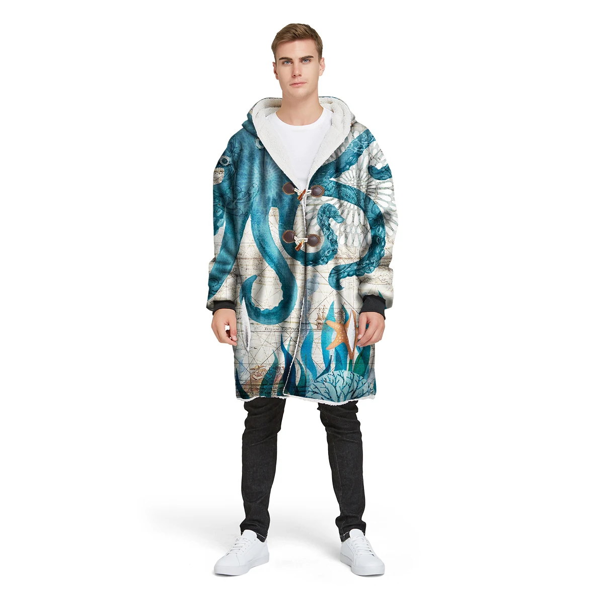 

2019 new brand 3D print custom design man's Sherpa coat loose long winter plus velvet jacket 100% polyester hooded warm CL33