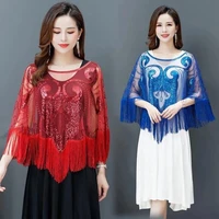 women vintage sequin tassel evening cape party fringed shawl wraps embroidery pullover wedding bridal shawl scarf