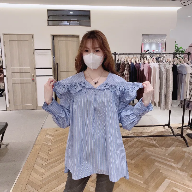 

Korean Chic V Neck Lace Patchwork Elegant Blouse Women Spring 2021 New Loose Blusas Pullover Long Sleeve Femme Shirts All Match