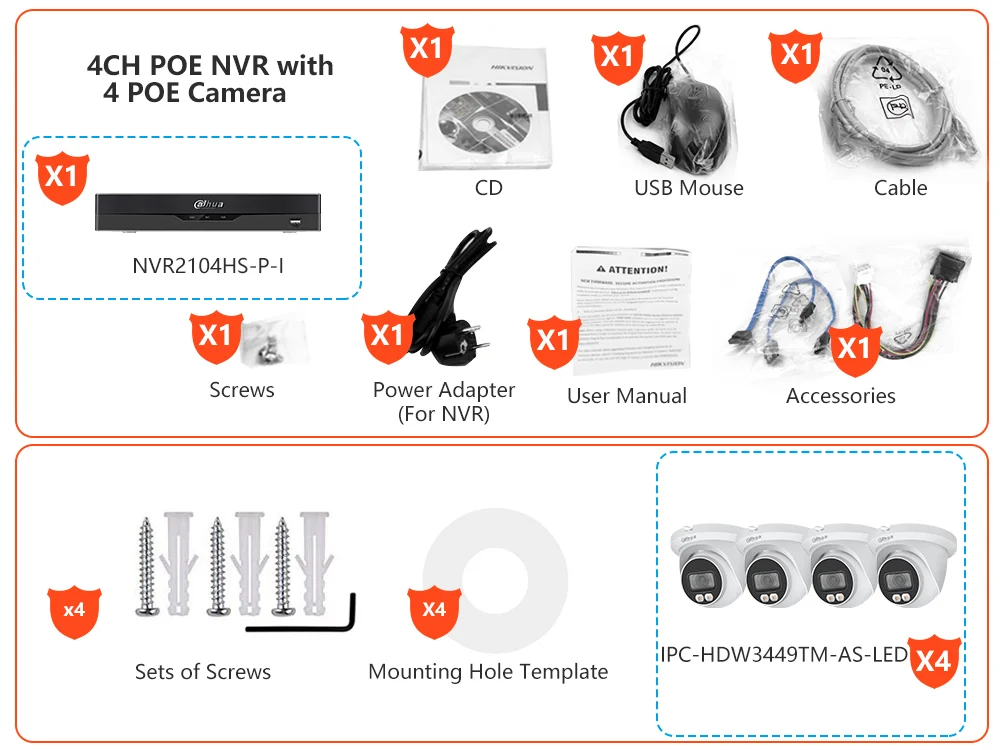 Dahua 4MP IP Camera Wizsense IPC-HDW3449TM-AS-LED 4K NVR NVR2104HS-P-I H.265+ POE CCTV Video Recorder Surveillance System Kit |