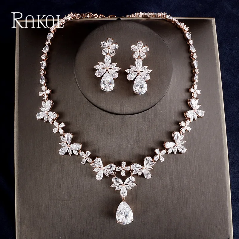 Комплект женских ювелирных украшений RAKOL серьги и ожерелье из кубического