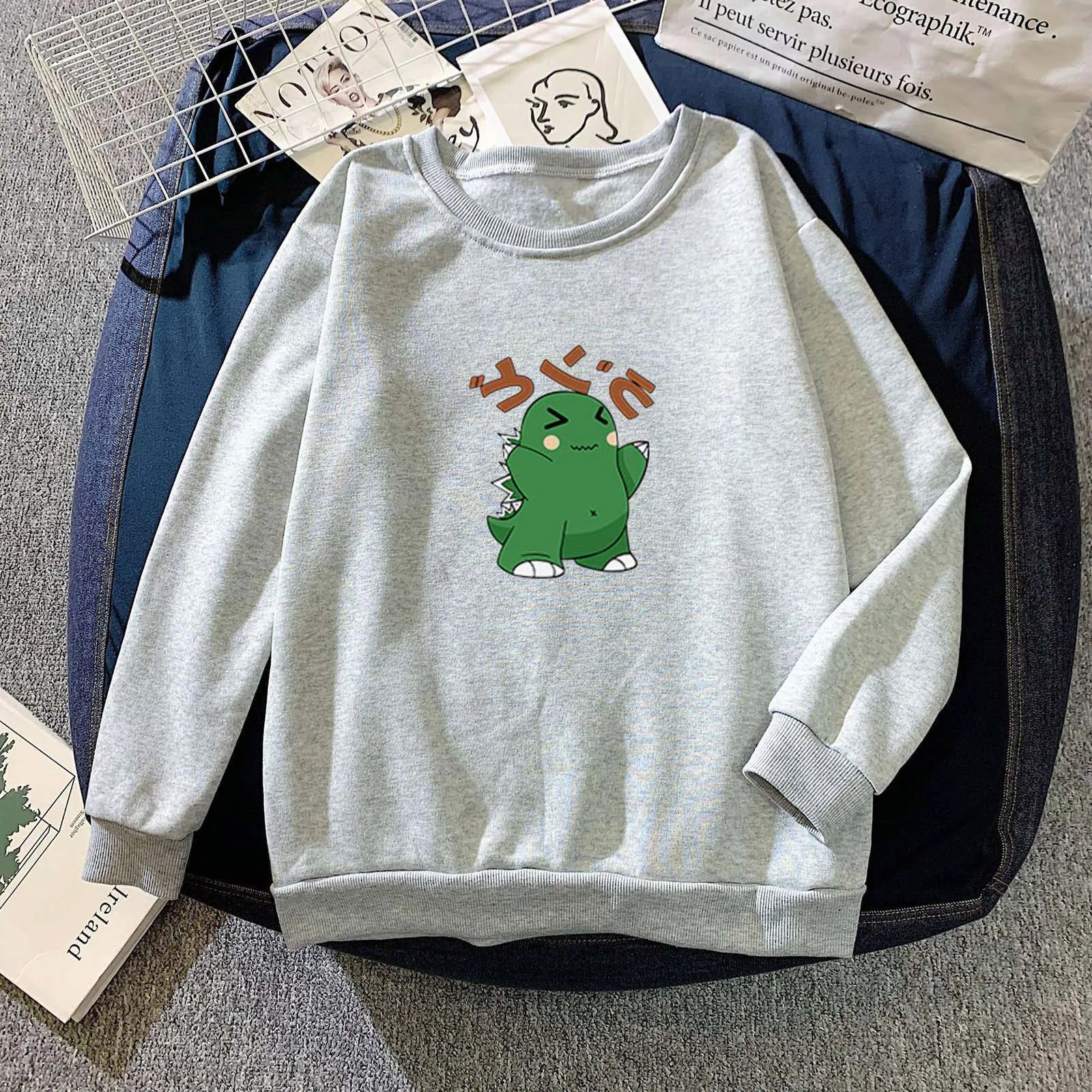 Women's Japanese frog- Print Long-sleeved Sweatshirt Casual Pullover Shirts Hoodies Tops Winter Clothes Women moletom#40