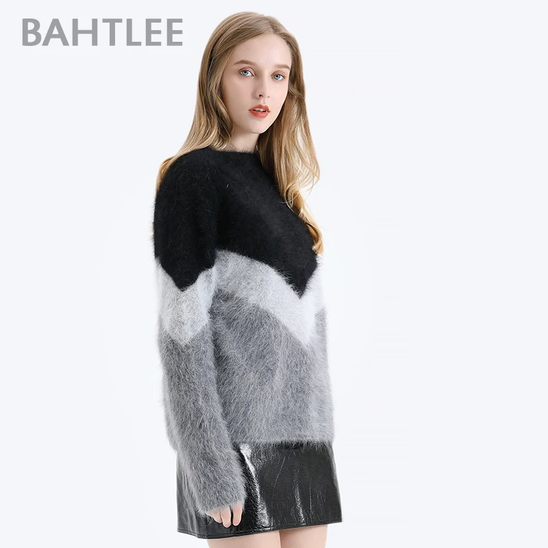 BAHTLEE Women Angora V-neck Pullovers Sweater Autumn Winter Wool Knitted Geometric Designs Jumper Long Sleeves Loose style