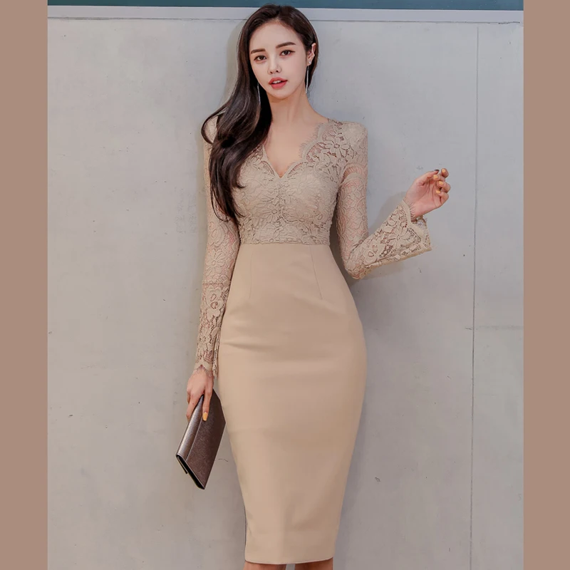 

Spring Autumn Sheath Bodycon Dress Korean Style Lace Patchwork Elegant Thin Sexy Lace Base Dresses for Women T6322