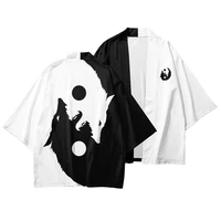 harajuku japanese fashion kimono tai chi wolf printed men and women cardigan blouse haori obi asian clothes samurai shirt