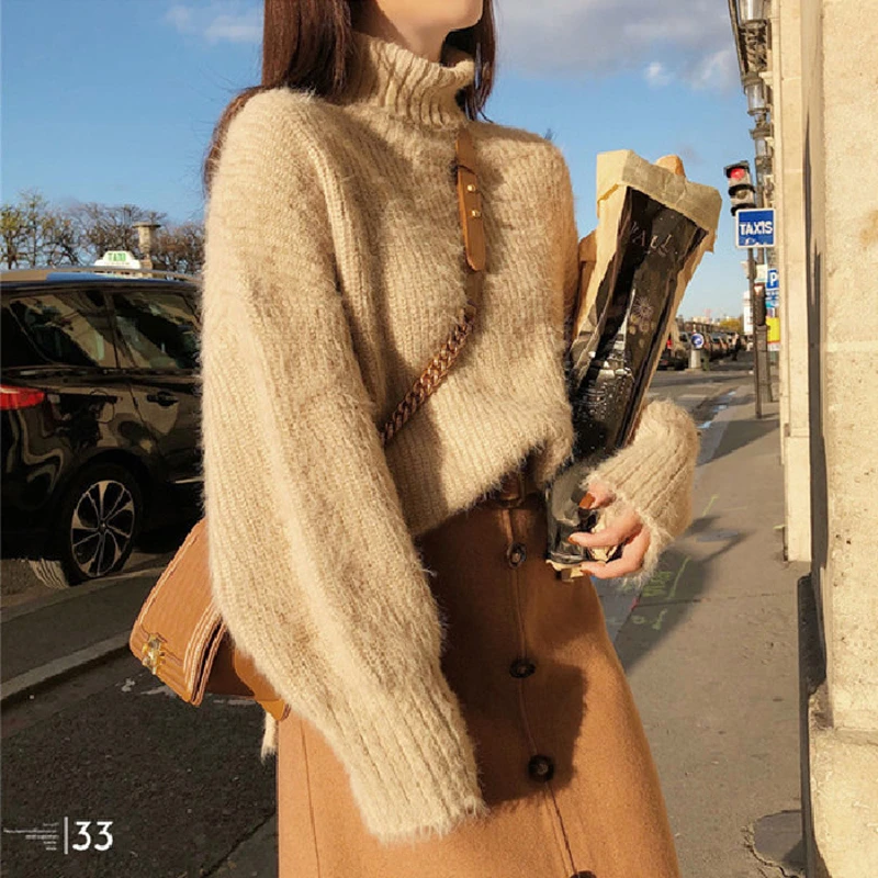 Fashion Knitted High-neck Women's Sweater 2019 Winter New Loose Imitation Suede Long Sleeve Grey Women | Женская одежда