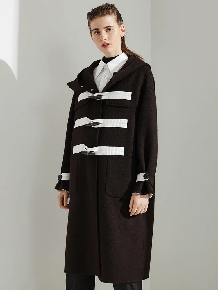 

Albaca High End Double Faced Cashmere Overcoat Women's Middle Long Black Horn Button Hooded Super Fine Wool Jacket
