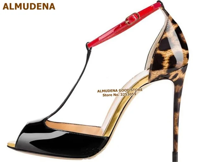 ALMUDENA Women Nude Wine Red Glossy T-strap Pumps Thin High Heels Open Toe Sandals Burgundy Nice Gladiator T-bar Shoes Dropship
