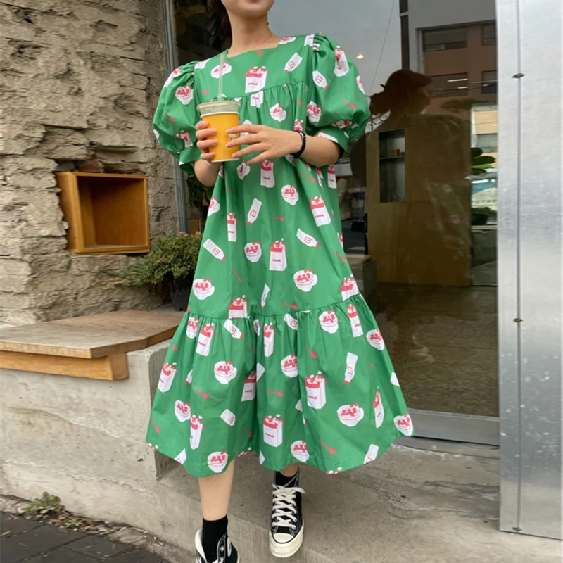 

Женское платье с круглым вырезом, высокой талией и рукавами-фонариками