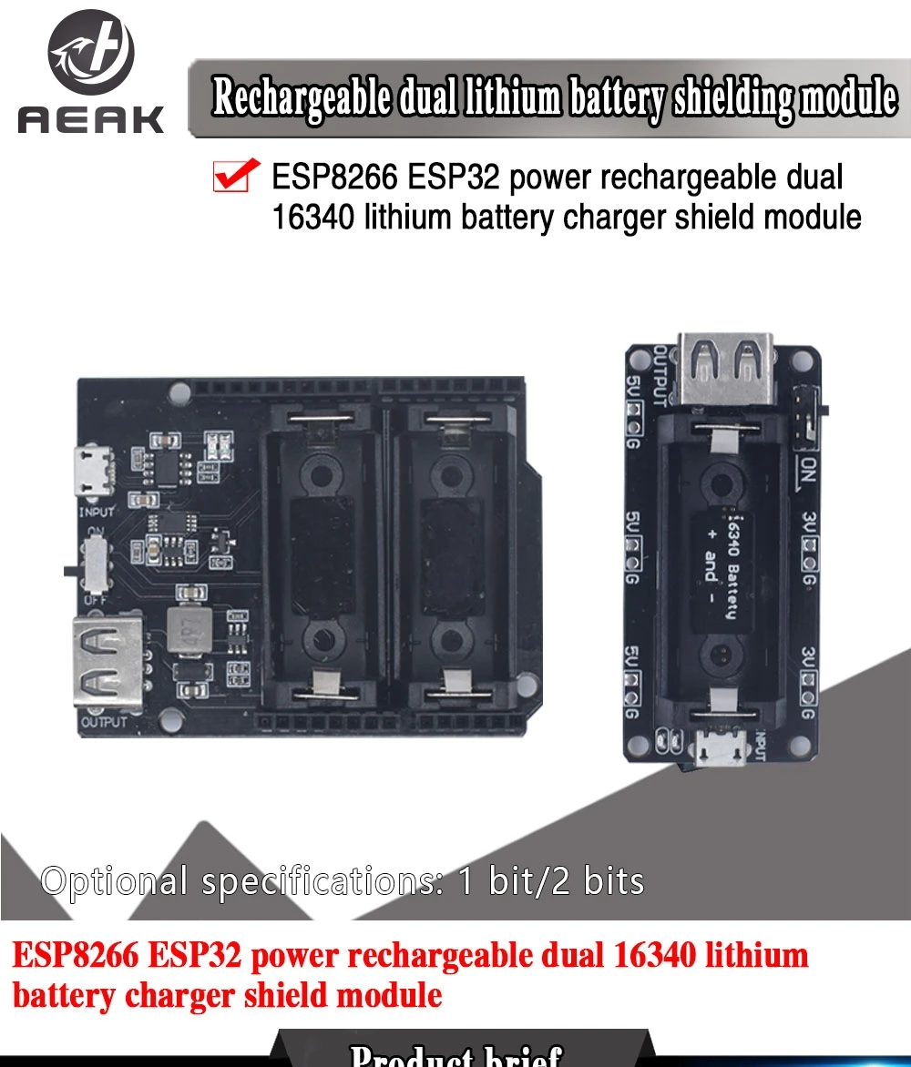 ESP8266 ESP32 блок питания перезаряжаемый Двойной 16340 литиевый аккумулятор зарядное
