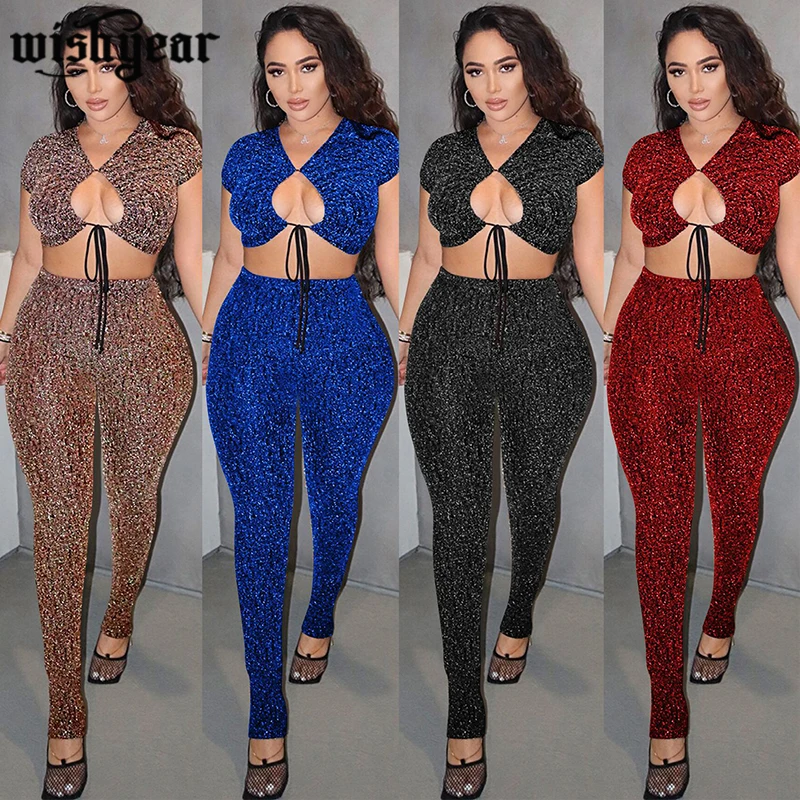 Женский блестящий костюм из 2 предметов укороченный топ с коротким рукавом на