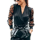 Женская блузка в горошек, модная одежда, Женская сетчатая рубашка, прозрачная Свободная блузка с пышными рукавами, женская блузка с глубоким V-образным вырезом