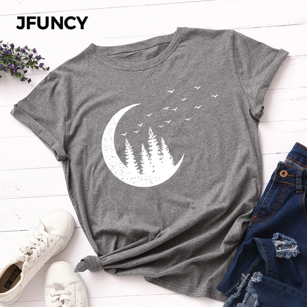 JFUNCY 100% Cotton Summer Tshirt  Creative Moon Forest Print Women T-Shirt Short Sleeve Woman Tee Tops Female T Shirt