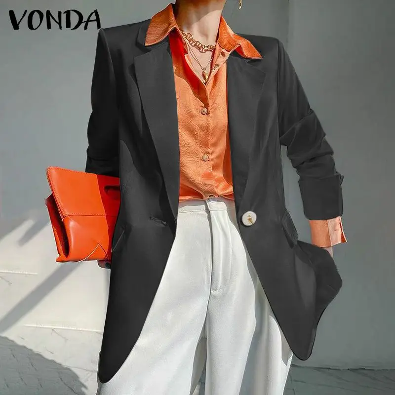 

2021 женский осенний костюм VONDA, повседневный однотонный блейзер с воротником с лацканами и длинным рукавом, Плиссированные пальто с карманам...