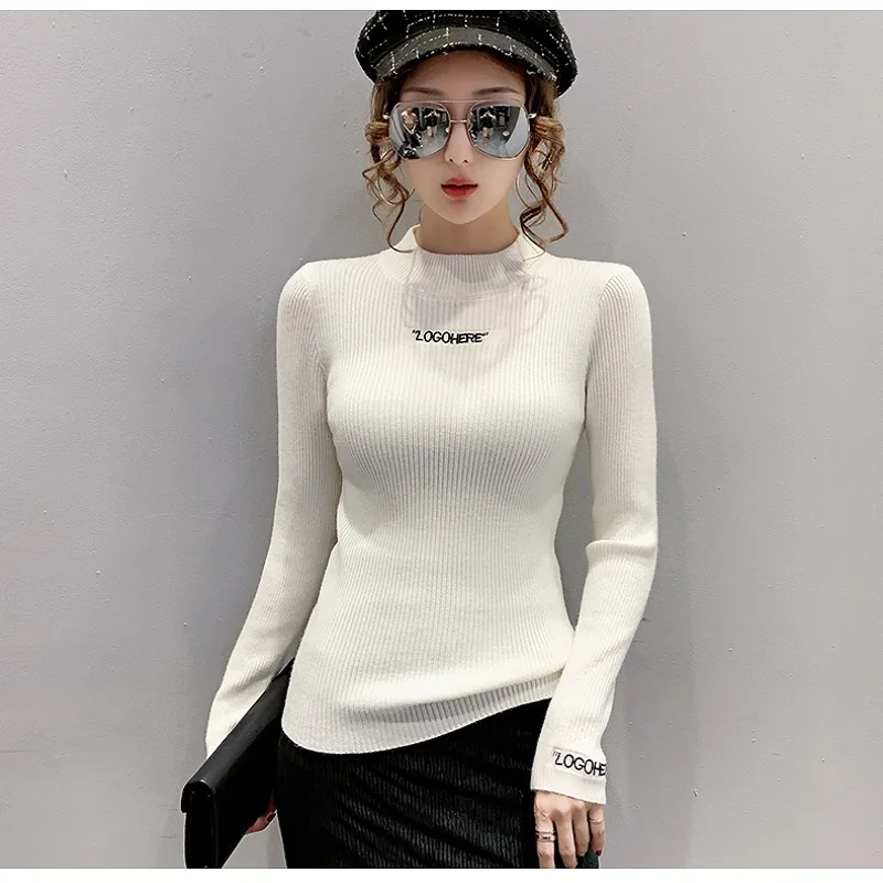 

Autumn/Winter 2021 new alphabet embroidery half-turtleneck sweater for women with a slimming base stretch sweater knit top