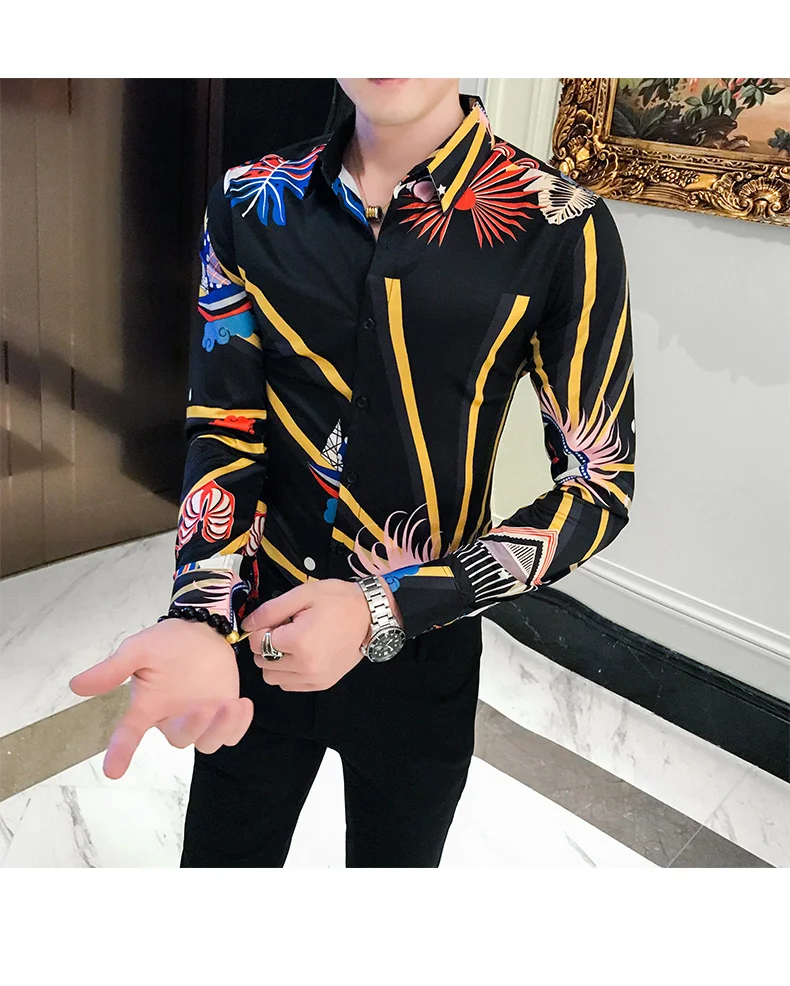 Модная полосатая рубашка с принтом для мужчин, Camiseta Masculina Manga Longa, длинный рукав, нижняя рубашка для мужчин, дизайнерские вечерние рубашки для ночного клуба