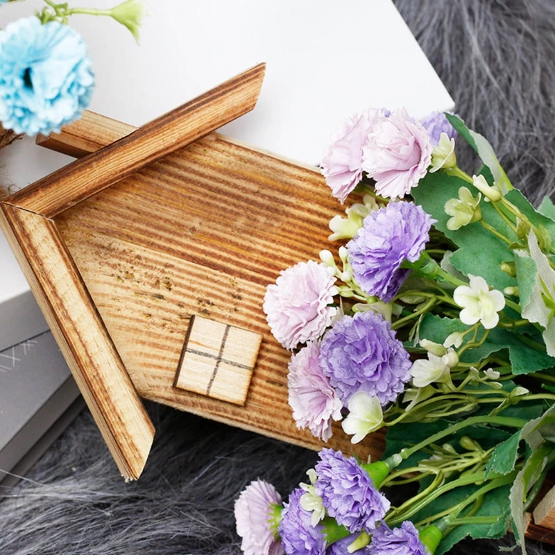 

DIY Handmade Silk Artificial Carnation Wooden House Pot Simulation Fake Flower Plant Home Decoration