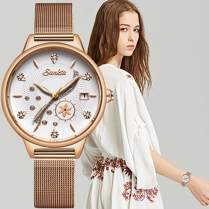 Новинка SUNKTA розовое золото женские часы бизнес кварцевые дамские Лидирующий