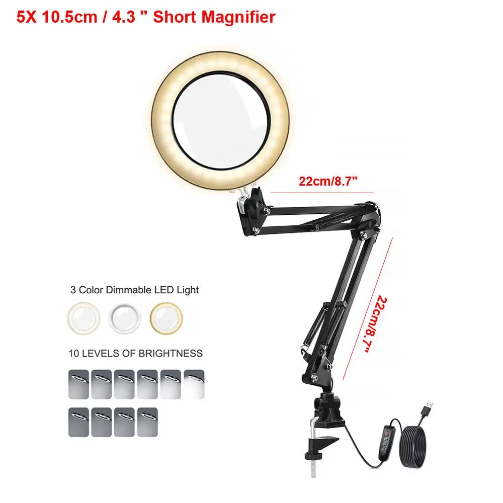

DANIU 5X Illuminated Magnifier USB 3 Colors LED Magnifying Glass Clip Loupe Desktop for Soldering Iron Repair Tool