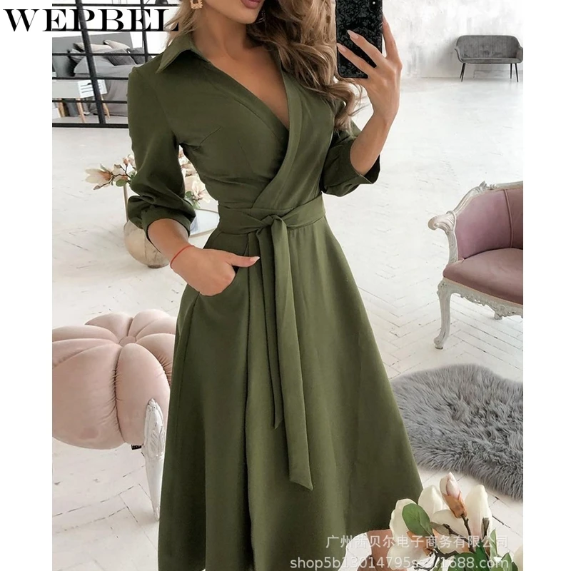 

Повседневное облегающее платье WEPBEL, женское платье на шнуровке с высокой талией, Осеннее модное однотонное платье с длинным рукавом и V-обра...