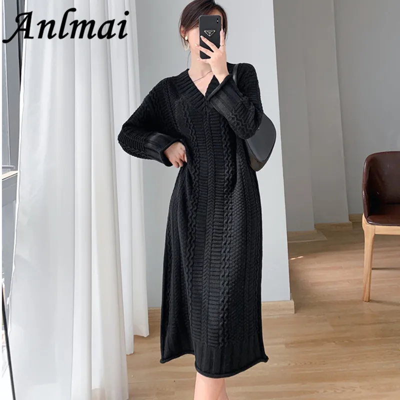 

Повседневное свободное вязаное платье, женское новое зимнее платье-свитер с длинным рукавом, женские черные платья до середины икры