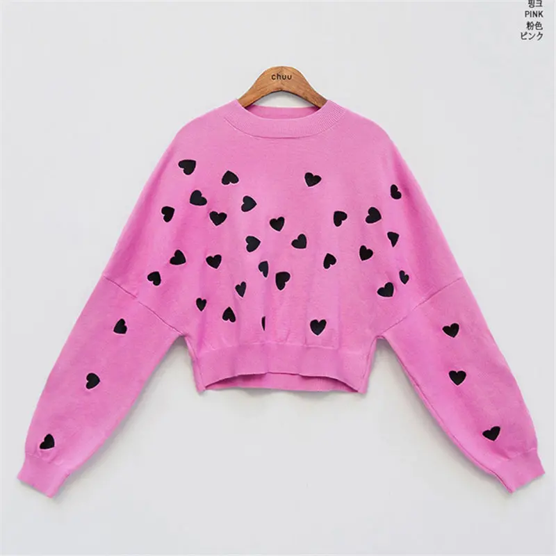 Милые Универсальные женские пуловеры Alien Kitty с вышивкой и сердечками приталенные