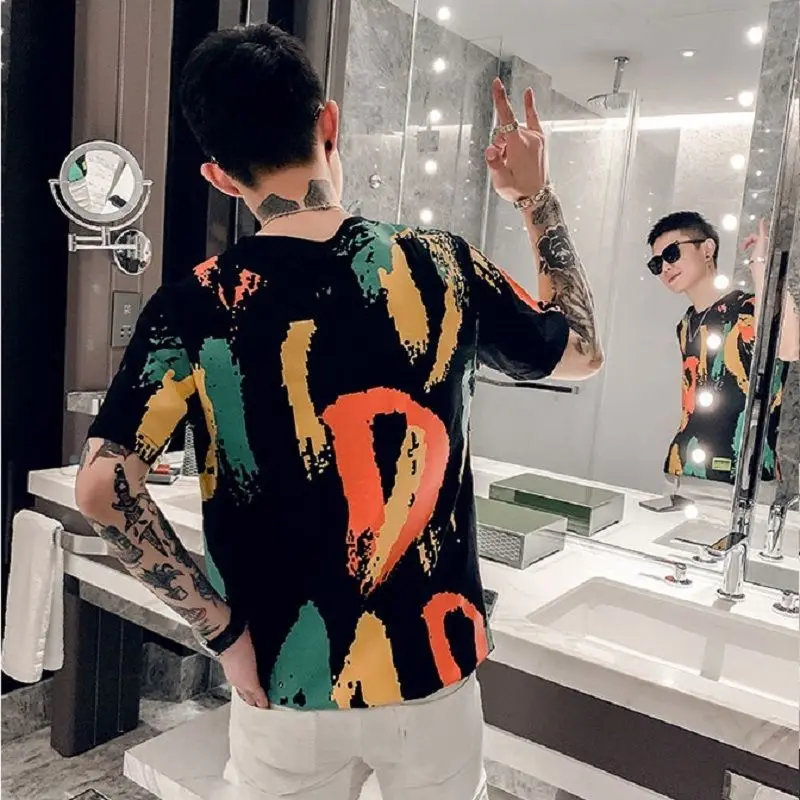 

Popular logo ins color printing short sleeve summer men's trill personality fashion trend in the social half sleeve T-shirt