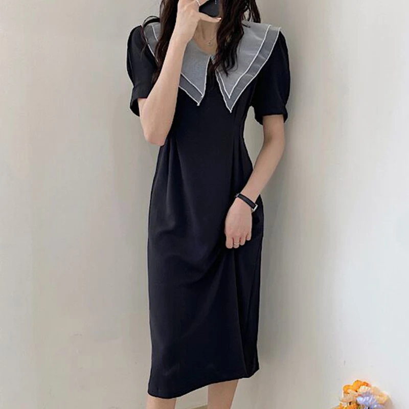 

Kimotimo Women Dress Korean Chic Summer Double-layer Lapel Mesh Stitching Contrast Color Creasing Waist Puff Sleeve Long Dress