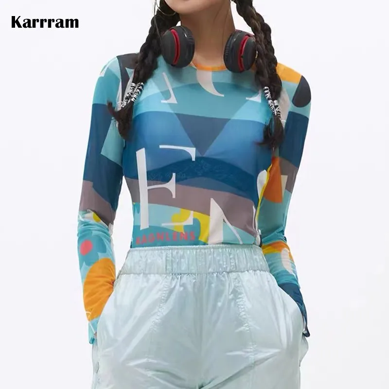 

Karrram Y2k Fashion Print Mesh Tops Women Aesthetics See Through Sheer Top Autumn Long Sleeve Baisc Tee Harajuku Streetwear 2021