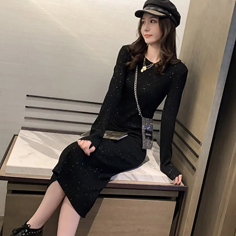 M блёстки черное элегантное женское Макси длинное платье осень новая мода с