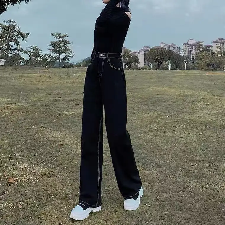 

Spring new high waist jeans women's Black Loose thin wide leg student's versatile jeans women's trousers
