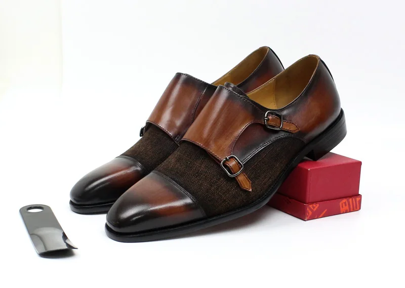 DANIEL WAFER Brand Designer Monk Strap Mens Dress Shoes Genuine Leather With Denim Black Brown Wedding Party Dress Shoes Men