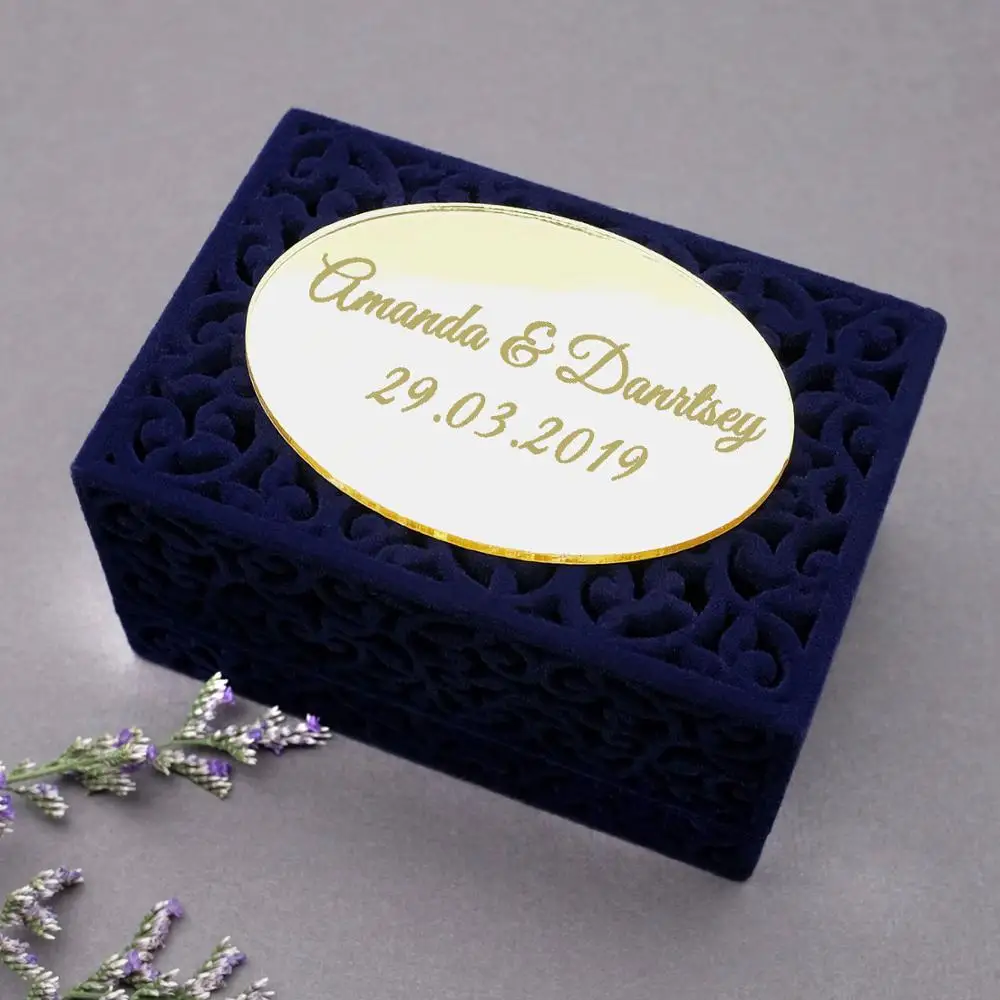 

Personalized Wedding Ring Bearer Box Blue Velvet Ring Box Proposal Ring Holder Jewelry Box Engagement Ring Box Mirror Ring Box