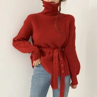 women high collar sweaters vintage solid color puff sleeve knitted pullover with belt adjustable casual knitwear tops pull femme