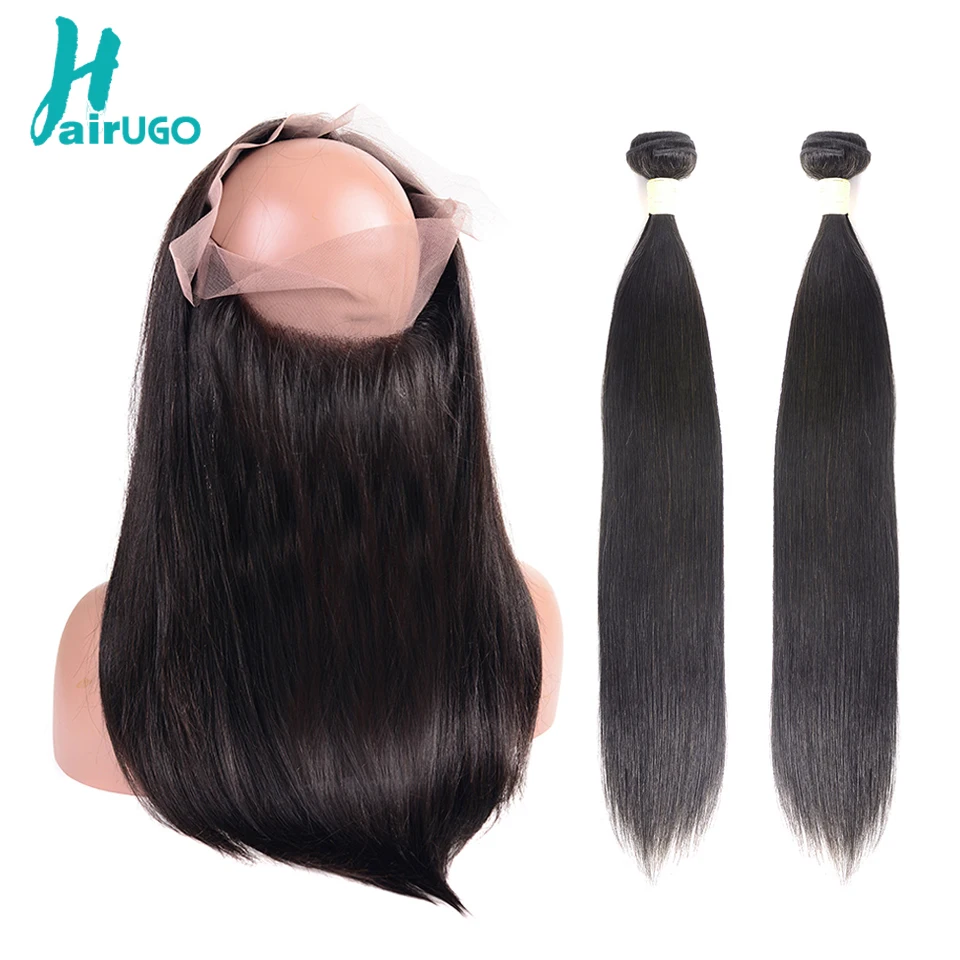 HairUGo прямые человеческие волосы пряди с закрытием бразильские 360 фронтальным