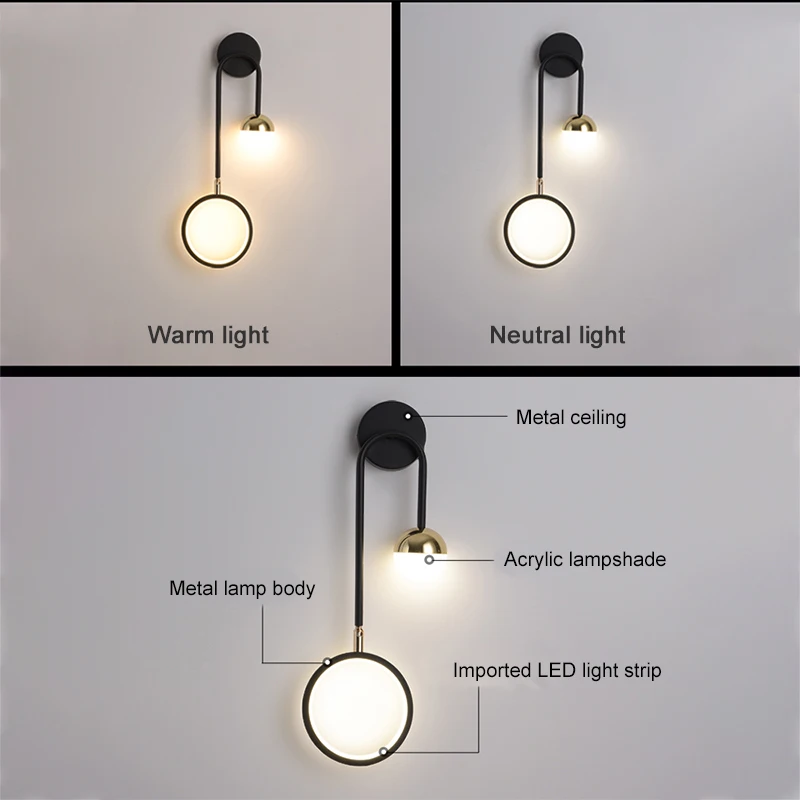 

Artpad Black Metal Wall Lamps Bedroom Decor Wall Sconce Indoor Home TV Background 3 Color Dimmable Rotatable Bedside Lamp 12W