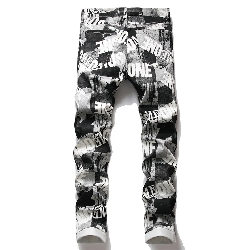 2021 New Arrival Letter Digital Print Stylish Men Stretch Pencil Jeans Trousers Hip Hop Slim Denim Pants For Party Moda Hombre