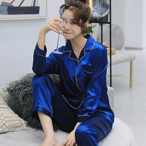 Sexy satin couple pajamas set Silk Pajamas For Women and men Lovers long sleeved autumn Pyjamas Sleepwear Sets Pijama Mujer - Цвет: 8106baolan