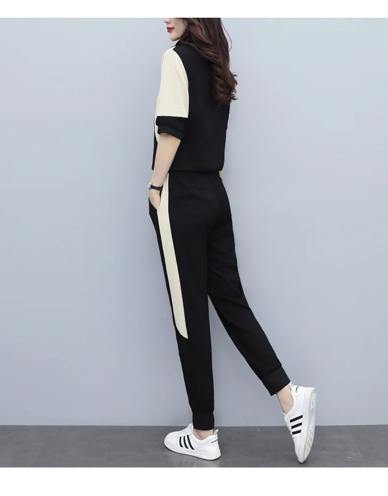 

Houthion Women Two Piec Set Sweatshirt and Pants Sets Splicing Autumn O-neck Loose Suit Sweatshirts + Pants Suits Short Sleeve