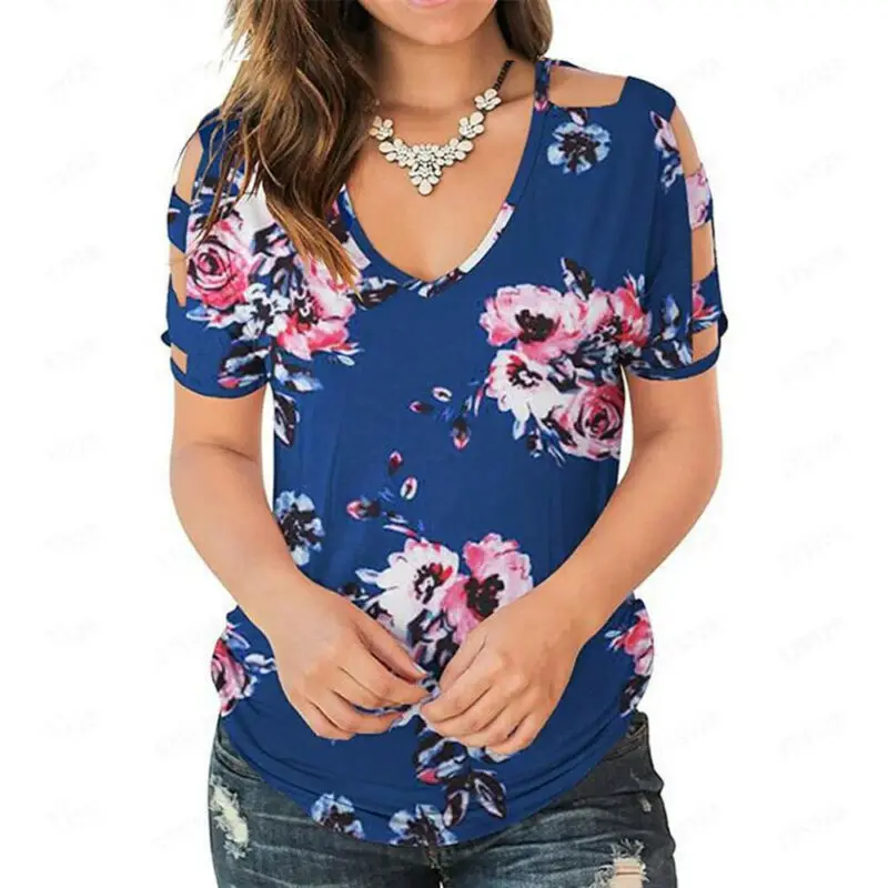 

Womens Lady Short Sleeve Summer T Shirts Floral Printed Soft Casual Tops Blouse