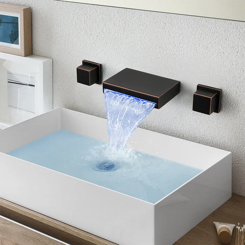 

led basin faucet luminous stainless steel waterfall hot and cold separate hand basin temperature control three colors